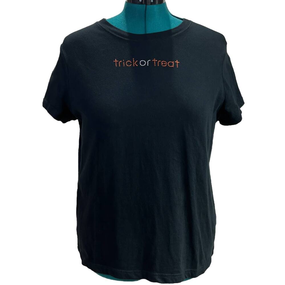 Trick or Treat Teen Women's Bedazzled Halloween Bling Tee Shirt XXL Black Crew